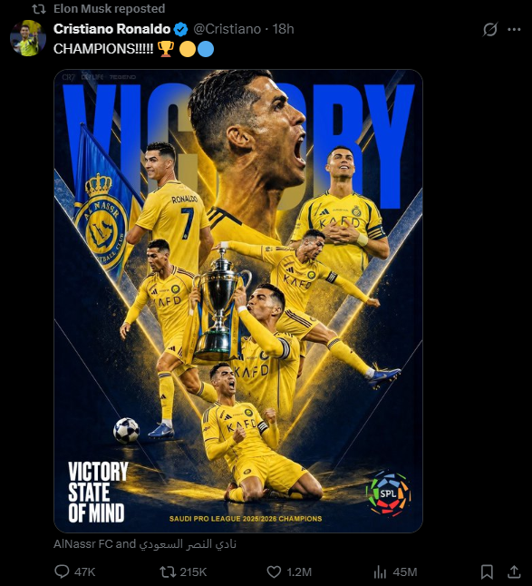 Elon Musk reposted Cristiano Ronaldo Saudi Pro League champions post
