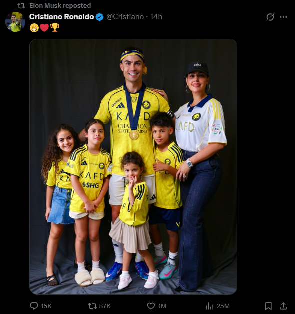 Elon Musk reposted Cristiano Ronaldo family celebration with Al-Nassr medal